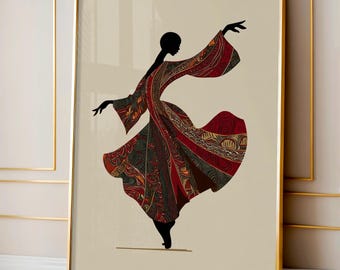 African Woman Dancing Print, Minimalist Tribal Cape Wall Art, Neutral Afrocentric Digital Poster, Graceful Black Woman Illustration