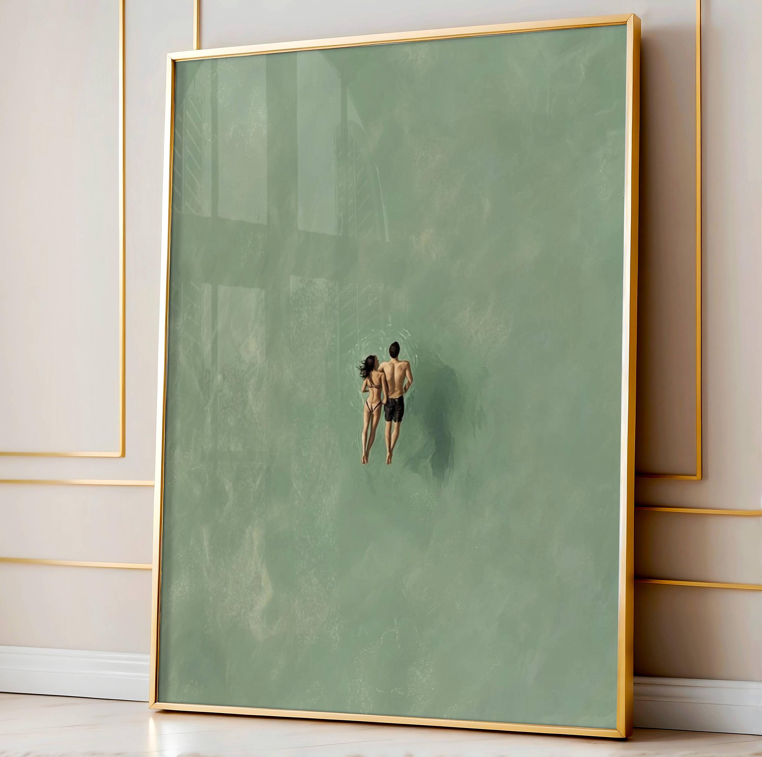 Green Abstract Art, Green Texture Painting, Couple Swimming Painting, Green Wall Art, Green Minimalist Art, Summer Art Gift