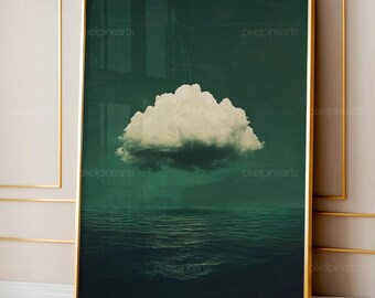 Impression d'art nuage vert émeraude, art mural contemporain minimaliste, décoration scandinave moderne, oeuvre d'art numérique murale vert foncé