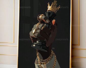 Black Queen Chess Wall Art, Black Hand Chess Print, Gold Jewelry Art, Modern Chess Poster, Luxury Game Room Decor, Digital Download
