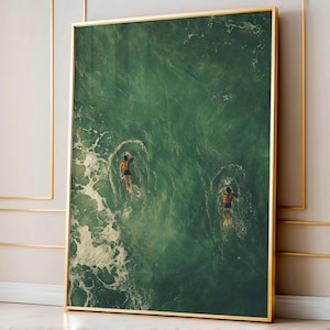 Crossing Swimmers Abstract Art, Minimalist Green Water Poster, Retro Summer Vibe Wall Print, Tranquil Digital Holiday Scene