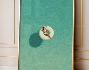 Woman Floating on Pool Ring Print | Minimalist Summer Wall Art | Beach House Decor | Digital Download