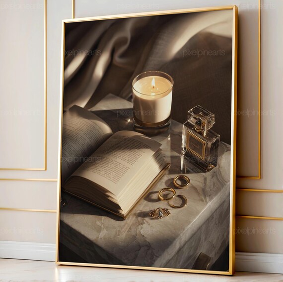 Feminine Nightstand Art Print, Realistic Still Life with Perfume and Jewelry, Black Woman Luxe Decor, Glam Soft Aesthetic Art