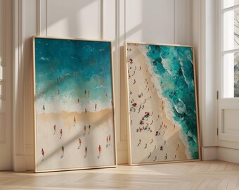 Tiny People Beach Wall Art, Summer Ocean Printable, Aerial Beach View Poster, Retro Minimalist Decor, Colorful Beach House Print