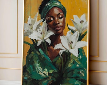 Seated Black Woman Flower Art, African American Elegance Print, Green Wrap Floral Wall Decor, Soft Botanical Illustration, Modern Afro Decor