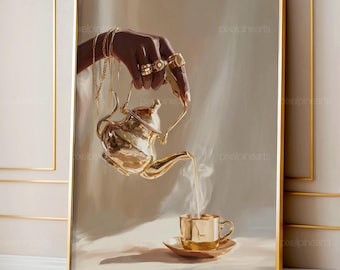 Black Girl Tea Pour Art | Melanin Hand with Jewelry Illustration | Neutral Cozy Minimalist Decor | Feminine Modern Wall Download