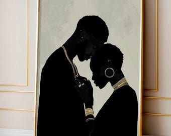 Black Couple Forehead Kiss Art, Black Love Abstract Illustration, African American Romantic Art Print, Modern Black Love Wall Art