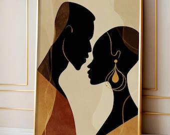 Black Couple Profile Art, Black Love Abstract Illustration, African American Wall Print, Modern Romantic Black Art Wall Decor