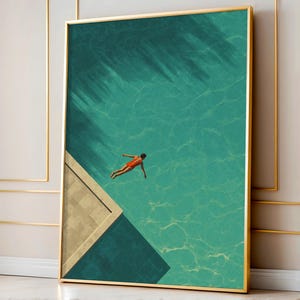 Tiny Diver Wall Art, Minimalist Swimming Pool Print, Flat Retro Summer Illustration, Aerial View Poster for Sporty Bathroom Decor