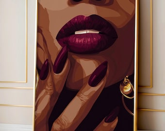 Black Woman Lips Art Print, Afrocentric Abstract Illustration, Melanin Hands and Lips Wall Art, Modern Minimal Fashion Decor