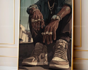 Black Man Sneaker Art Print, Urban Streetwear Wall Decor, Hypebeast Sitting Illustration, Cool Sneakerhead Poster, Street Style Art