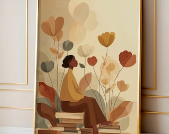 Arte de pared para amantes de los libros afroamericanos, lámina floral para leer, decoración para mujeres afroamericanas, arte de empoderamiento, descarga digital femenina.