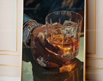 Luxury Bourbon Glass Illustration, Black Male Hand Art, Masculine Bar Wall Decor, Modern Whiskey Room Printable