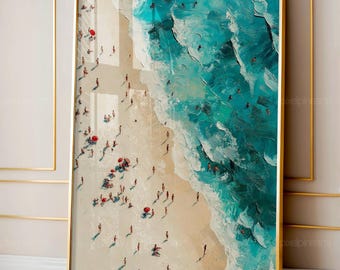 Cuadros de playa con figuras diminutas, lámina aérea del océano, ilustraciones de playa para nadar, decoración costera de verano, lámina digital de mar turquesa.