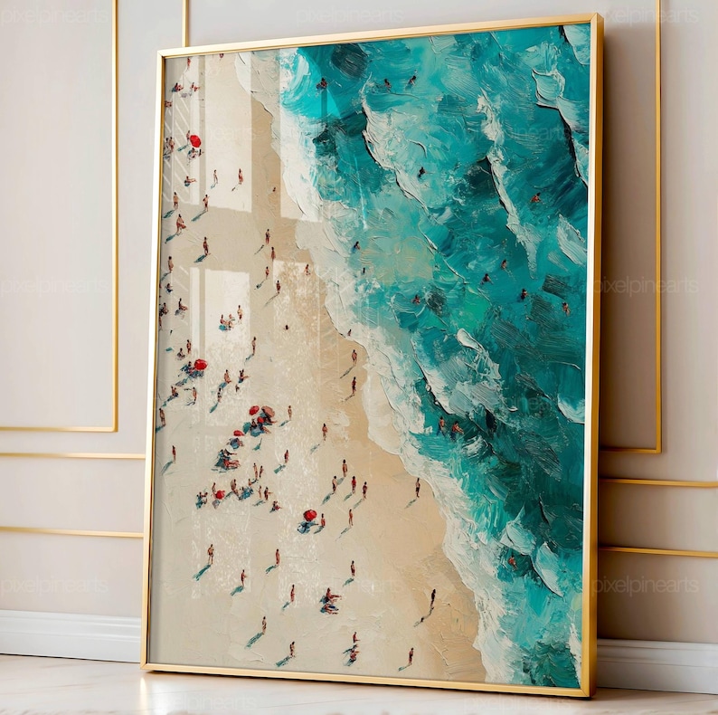Été océan imprimable minuscules personnes natation décoration murale rétro coloré affiche vue aérienne de la plage impression minimaliste décoration de maison de plage image 1