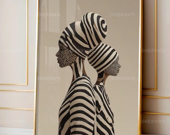 Duale Afro Frauen Abstrakte Kunst, schwarz-weiß gestreifte Illustration, moderne afrozentrische Wanddekoration