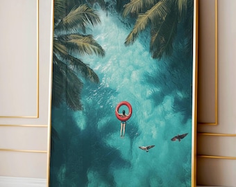 Swimming Pool Wall Art, Girl Floating In Water Digital Print, Palm Tree Poster, Tropical Vacation Decor, Summer Download