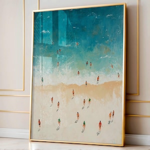 Winzige Leute Schwimmen Wanddekor Sommer Ozean Druckbare Luftbild Strand Ansicht Druck Retro Buntes Plakat Minimalist Strandhaus Dekoration