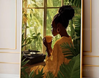 Black Woman Tea Art, Relaxing Black Girl Decor, Afro Boho Wall Art for Women, Soulful Printable Art