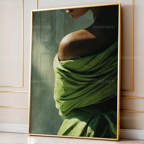 Arte de mujer afro con hombros descubiertos y tela verde / Elegante pintura digital / Decoración de pared minimalista y tranquila de mujer negra para sala de estar o dormitorio
