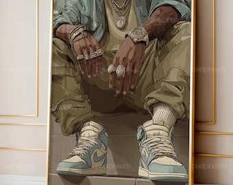 Sneaker Street Style Wandkunst, Schwarze sitzende Illustration, Urban Hypebeast Printable, Sneakerhead Poster, Cooles Streetwear Dekor