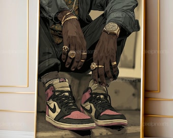 Urban Sneakerhead Wand Kunst, Schwarzer Mann Street Style Illustration, Hypebeast Mode zum Ausdrucken, Coole Sneaker Poster, Streetwear Dekor