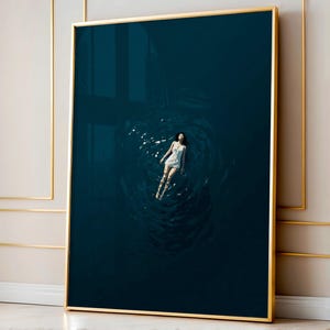 Woman Floating in the Sea Print | Minimalist Summer Ocean Art | Dark Moody Swimming Poster | Dreamy Beach Digital Download