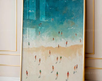Tiny People Swimming Wall Decor Summer Ocean Printable Aerial Beach View Print Retro Colorful Poster Minimalist Beach House Decoration