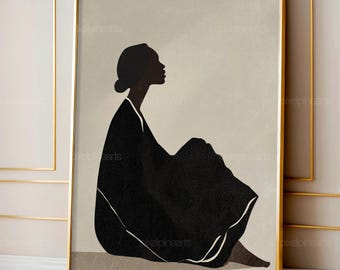 Elegant Side View Black Woman Wall Art | Afrocentric Minimalist Neutral Print | African American Modern Home Decor Poster