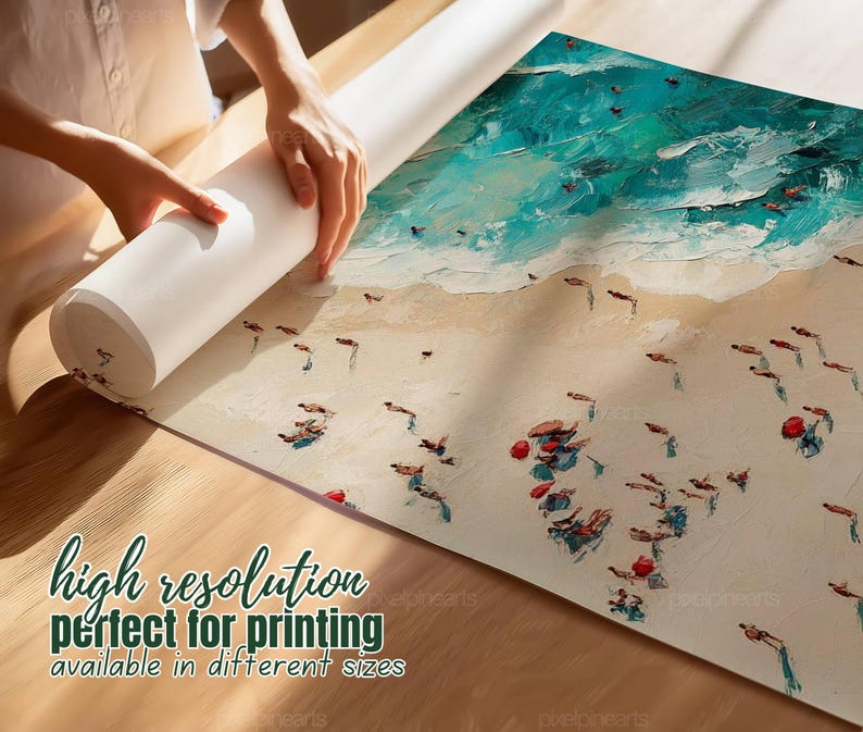 Été océan imprimable minuscules personnes natation décoration murale rétro coloré affiche vue aérienne de la plage impression minimaliste décoration de maison de plage image 3