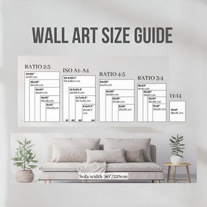 Puede incluir: Una gu&iacute;a de tama&ntilde;os de arte mural con dimensiones en pulgadas y cent&iacute;metros. La gu&iacute;a incluye proporciones 2:3, ISO A1-A4, 4:5, 3:4 y 11:14, con tama&ntilde;os como 24x36 pulgadas (61x91 cm) y 20x30 pulgadas (50x76 cm). Un sof&aacute; de 228 cm de ancho se muestra debajo.