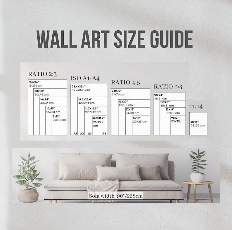 Puede incluir: Una gu&iacute;a de tama&ntilde;os de arte mural con dimensiones en pulgadas y cent&iacute;metros. La gu&iacute;a incluye proporciones 2:3, ISO A1-A4, 4:5, 3:4 y 11:14, con tama&ntilde;os como 24x36 pulgadas (61x91 cm) y 20x30 pulgadas (50x76 cm). Un sof&aacute; de 228 cm de ancho se muestra debajo.