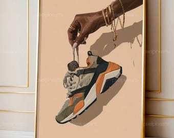 Sneaker Selection Illustration, Black Woman Street Fashion Art, Modern Sneaker Wall Print, Urban Style Poster