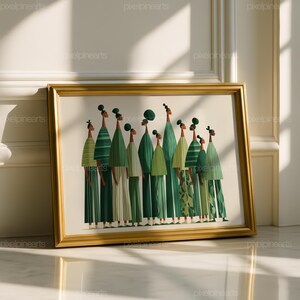 Puede incluir: Una impresi&oacute;n art&iacute;stica enmarcada que presenta un grupo de figuras estilizadas en varios tonos de verde. Las figuras tienen cuellos alargados y visten prendas largas y fluidas. La obra de arte est&aacute; en un marco dorado.
