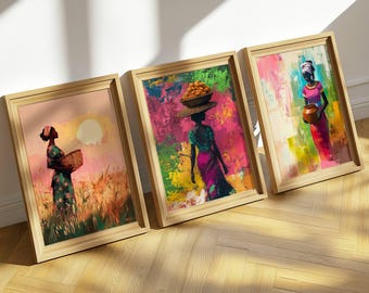 Zestaw 3 afrykańskich grafik ściennych, nadruki z czarnymi kobietami, kolorowe dekoracje afrocentryczne, dzieła sztuki afrykańskiej, wydruk ścienny w galerii boho