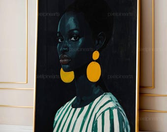 Black Afro Decor, Large African Woman Wall Art, Afrocentric Sofa Art, Moody Woman Art Print, Digital Black Woman Artwork