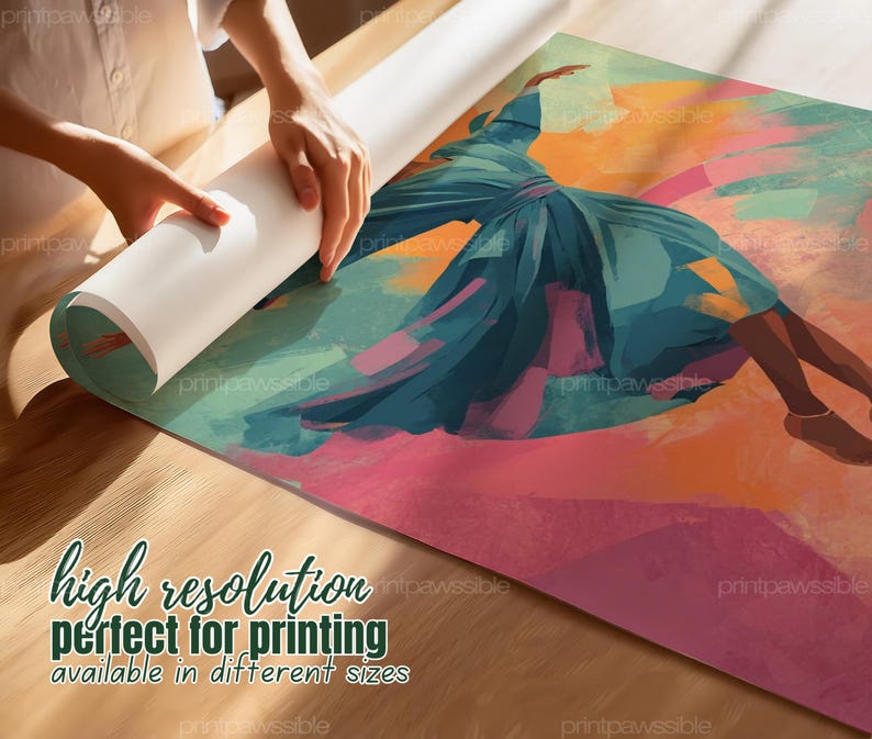 May include: An abstract art print featuring a dancer in a flowing teal dress against a backdrop of pink, orange, and green hues. The print is being unrolled, revealing the artwork. The text on the print says "high resolution" and "available in different sizes."