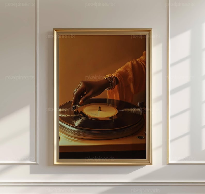 Decoración de pared con tocadiscos vintage, lámina de vinilo de mujer negra, decoración musical afroamericana, póster de música soul retro, descarga digital. imagen 3