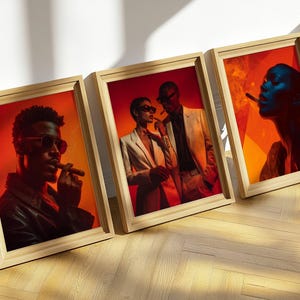 Set of 3 Afrocentric Cigar Art Bundle | Bold Abstract Portraits of Man, Woman & Couple | Red Orange Editorial Wall Decor