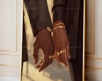 Cuadro de pareja negra tomada de la mano, lámina de amor afroamericano, primer plano de manos románticas, descarga de arte digital de amor negro