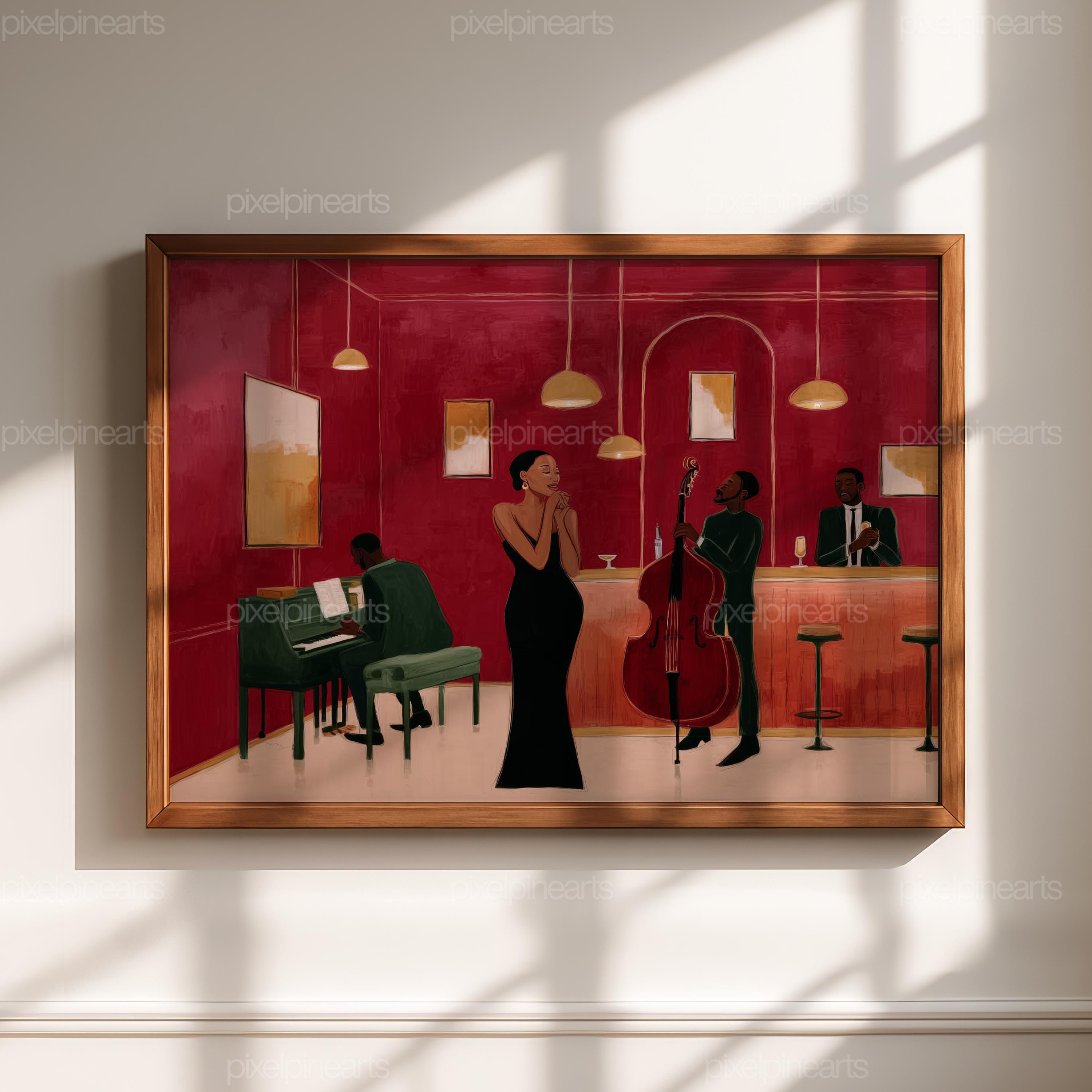 Black Couple Jazz Lounge Art Print, Romantic Cocktail Bar Wall