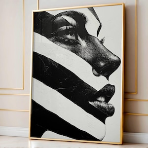 Minimalist Abstract Female Portrait, Close Black and White Silhouette Art Print, Modern Striped Wall Art, Digital Instant Download