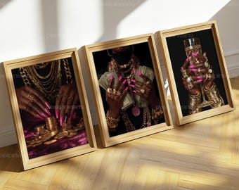 Afrocentric Wealth Illustration, Black Woman Gold Coins Art Print, Glam Fashion Wall Decor, Modern Luxury Digital Download