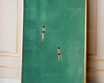 Arte de parede verde retrô para feriados, nadando em arte abstrata verde, arte verde minimalista, pintura de água verde vintage, presente digital