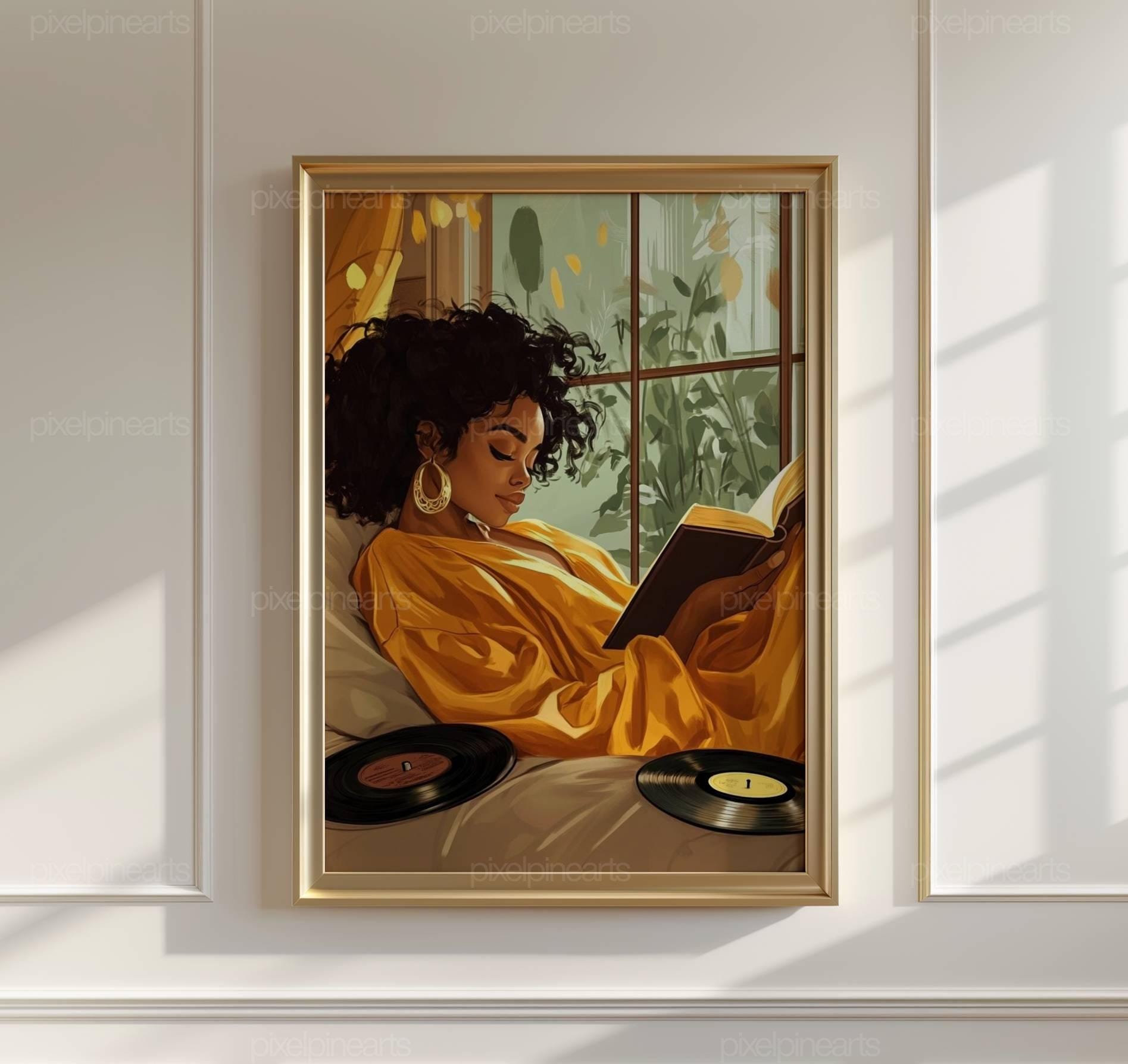 Black Girl Bedroom Digital Art, Afro Girl Reading Poster, Vinyl and ...
