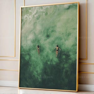 Floating In Green Abstract Wall Art, Minimalist Summer Retro Print, Aerial Swim Poster, Calm Water Digital Art Gift