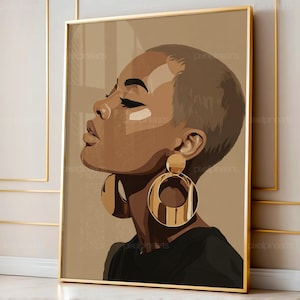 Buzz Cut svart kvinna konsttryck, afrocentriskt minimalistiskt porträtt, illustration av grova ringörhängen, modern melanin digital väggkonst