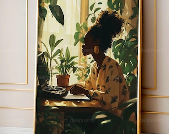 Black Girl Journaling Art, Black Woman Self Love Wall Art, Afrocentric Printable Home Office Decor