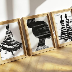 Black and White Abstract Woman Art Bundle, Minimalist Silhouette Wall Prints, Striped Female Digital Set, Modern Instant Download
