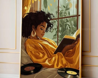 May include: A framed art print depicts a woman with dark curly hair reading a book while reclining on a sofa. She wears a yellow dress and gold earrings. Two vinyl records are in the foreground. The background shows a window with plants.